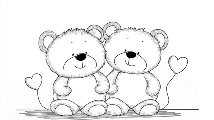 Two cute teddy bears in love sitting next to each other, simple coloring page with teddy bears and hearts