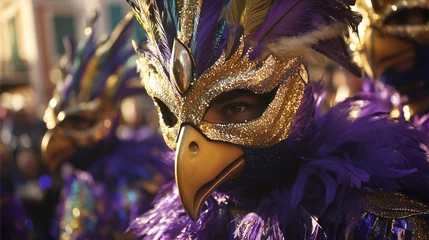 Mardi Gras parade with focus on a group of dancers wearing purple and gold exotic bird costumes, their masks adorned with feathers and glitter. AI generated images. 