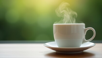 Obraz premium Steaming white cup of coffee on wooden table with greenery.