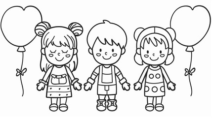 Smiling children with balloons, a children's coloring page