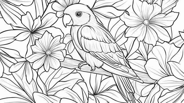 A cute parrot sits on a branch in a tropical forest with flowers and leaves, beautiful coloring page