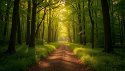 Obraz premium Forest path with sunlight streaming through lush green trees