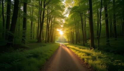 Obraz premium Forest path with sunlight streaming through lush green trees