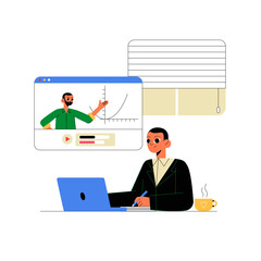 Male Student Attending Online Class With Laptop In Flat Vector Illustration Symbolizing E Learning, Virtual Education, And Distance Learning, Isolated On White Background