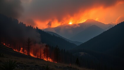 Obraz premium Wildfire spreading through a forested hillside at night