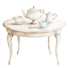 Fototapeta premium Elegant Watercolor Tea Set on Antique White Table Vintage Tea Party Scene Romantic Home Decor