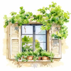 Fototapeta premium Charming Window with Shutters Blooming Plants Vines Watercolor Style