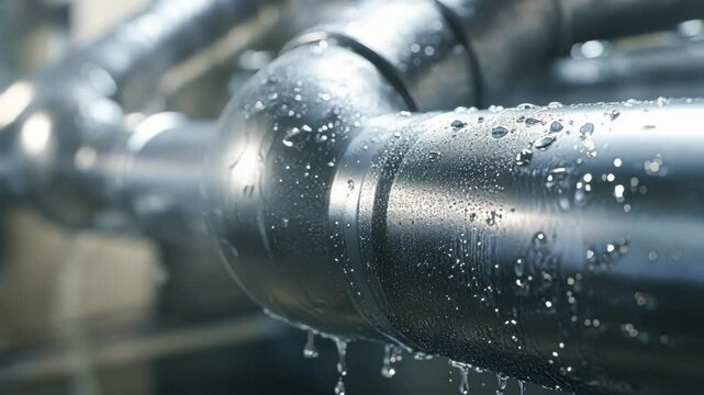 A detailed shot of a water recycling system featuring pipes and valves with droplets of water condensing on the surface illustrating efforts to minimize water wastage.