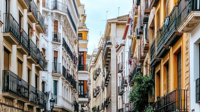 Vibrant European Urban Street Scene with Colorful Buildings and Ornate Balconies - Powered by Adobe