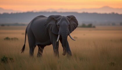 Obraz premium Elephant walking through a golden savanna at sunset