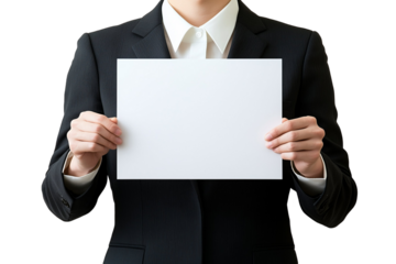 A person in a suit holding a blank sign, ready for communication or presentation.