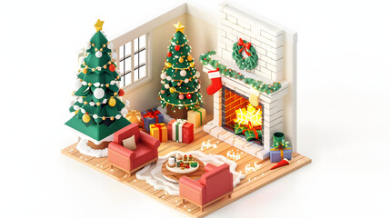 Christmas room Decorations With Stockings isometric 3D