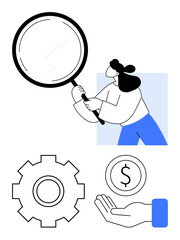 Woman holds magnifying glass, inspecting gear, dollar sign, and hand. Ideal for analytics, finance, teamwork, innovation problem-solving research processes business concepts. Minimal abstract line