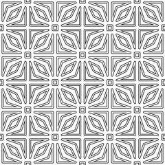 Seamless black and white geometric pattern with symmetrical lines and shapes in a grid layout.