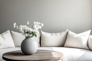 White flowers in vase on wooden table, minimalist living room, sunlight.