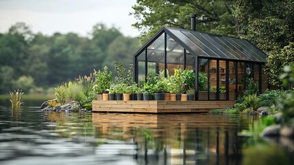 Obraz premium Lakeside greenhouse with plants and wooden deck.