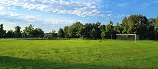 Sunny park soccer field, trees background, recreation