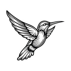 A simple, minimalist outline drawing of a hummingbird in mid-flight, with its wings outstretched.