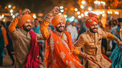 Happy indian men dancing at religious event on the city street - Hindu culture concept - Models by AI generative