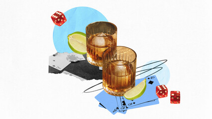 Conceptual art design. Whiskey glasses with lime wedges on table with playing cards, red dice, and abstract elements. Concept of party, relax, festive mood, celebration, summer. Ad