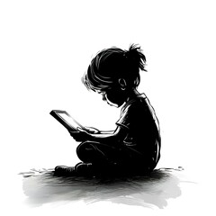 Young girl is sitting on the ground and reading a book on a tablet