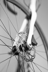 A bicycle wheel with a white spoke and a black spoke. The spokes are visible in the foreground and...