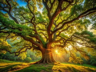 Fototapeta premium Sunlit Oak Branch with Vibrant Green Foliage - Surreal Nature Photography