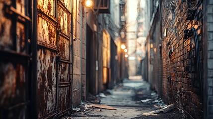 Fototapeta premium Rusty Gate Urban Alleyway: A Dark and Gritty Cityscape