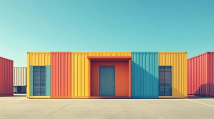 Intermodal container flat design front view, 3D render, Split complementary color scheme 