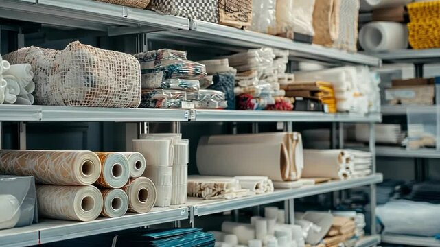 Closeup of a material storage area filled with various lightweight sustainable materials neatly organized for quick access and rapid prototyping.
