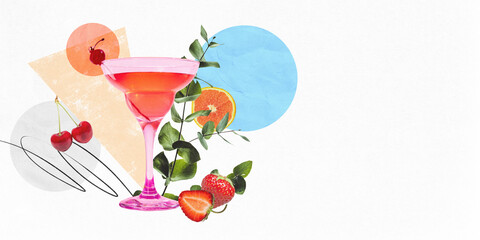 Modern graphic design. Martini glass with pink cocktail, cherries, strawberries, orange slice, green leaves, abstract colorful patterns, perfect for vibrant Friday celebration. Concept of party. Ad