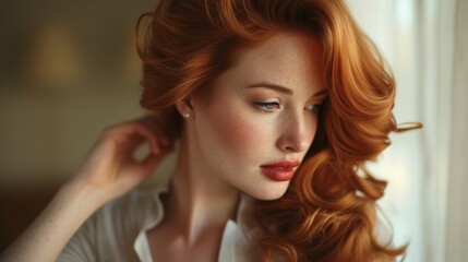Red-haired woman with freckles, voluminous waves, and red lips wearing a white blouse. She gazes thoughtfully in soft natural light by a window