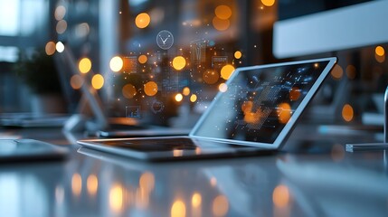 Global data analysis on tablet, modern office