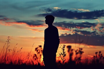 Obraz premium Silhouette of a young man standing in a field, contemplating a vibrant and dramatic sunset