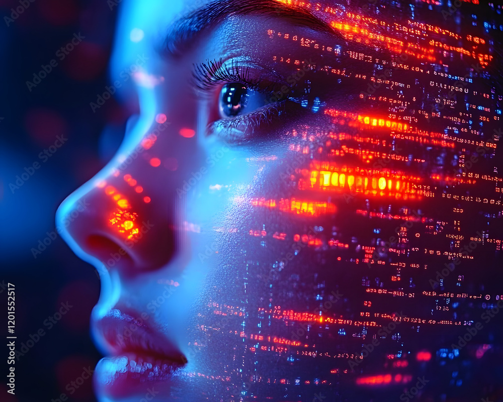 Wall mural futuristic face scanning digital network for fraud detection and identification