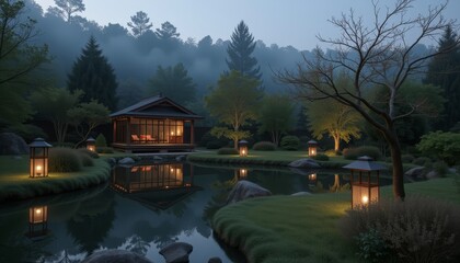 Fototapeta premium Tranquil Japanese garden with lanterns at twilight