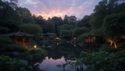 Tranquil Japanese garden with lanterns at twilight