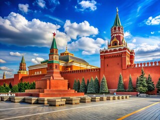 Fototapeta premium Sunny Day in Red Square, Moscow: Lenin's Mausoleum with Ample Copy Space