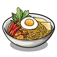 Mie goreng chicken noodles vector illustration. Mie ayam, kerupuk or crackers. Generative AI
