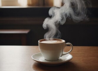 A steaming cup of coffee is sitting gracefully on the table