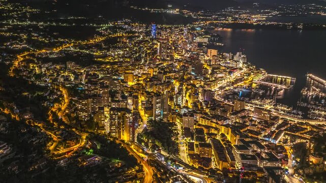 Monaco at night with traffic, aerial hyperlapse, Monaco, 4K