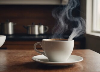 A steaming cup of coffee is sitting gracefully on the table