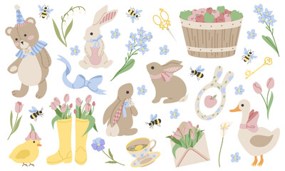 Vector spring set. Flat design. Cute spring badges
