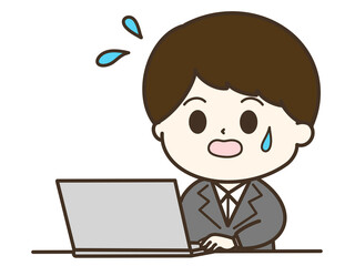 焦っているパソコンを使うスーツの男性のゆるかわイラスト