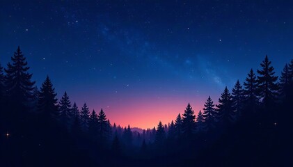 Fototapeta premium A serene twilight landscape with silhouetted trees against a starry sky.