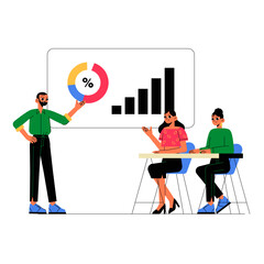 Male Presenter Explaining Graphs To Female Audience In Flat Vector Illustration Symbolizing Business Presentation, Data Analysis, And Training, Isolated On White Background