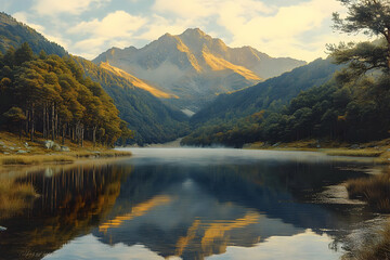 Fototapeta premium Majestic Mountain Lake with Sunrise Reflections