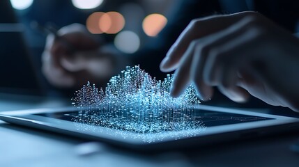 Hands interact with digital data on tablet; night office background; data analysis concept