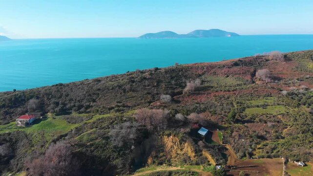 Porto Novo Beach, Zvernec, Vlore, Albania - Aerial Drone View of the Rocky Coastline