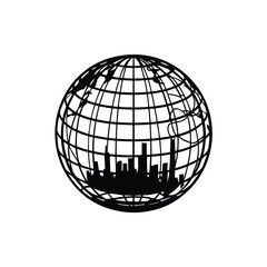 A stylized silhouette of a city skyline seamlessly integrated into a globe, representing global urbanization and interconnectedness.